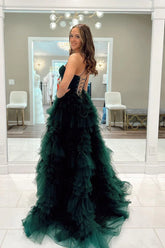 Dark Green Ruffled Prom Dress Tiered Corset A Line Long Evening Dress with Slit